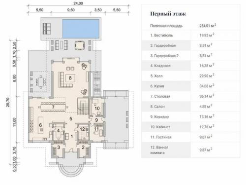 Планировка большого коттеджа с бассейном и фитнесом. 02