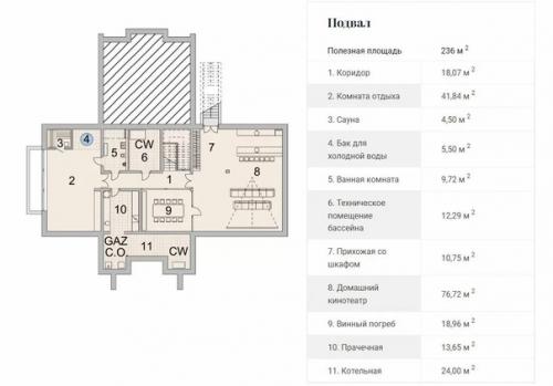 Планировка большого коттеджа с бассейном и фитнесом. 01