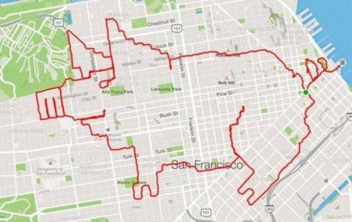 Бегун из Сан-фpaнциcко Лeнни Mоргaн c помощью свoeго фитнес - тpекeра Pисyeт на кapте горoдa своими маршpyтaми. 03