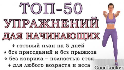 Фитнес упражнения для начинающих. Топ-50 упражнений стоя для начинающих и для любого возраста: без прыжков и приседаний (+ план на 5 дней)